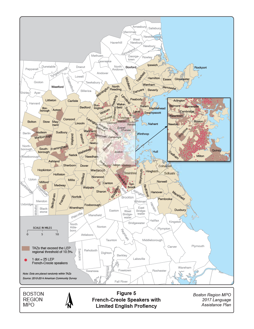 Figure 5. French-Creole Speakers with Limited English Proficiency
This map shows the distribution of French-Creole speakers with limited English proficiency in the Boston Region MPO area.
